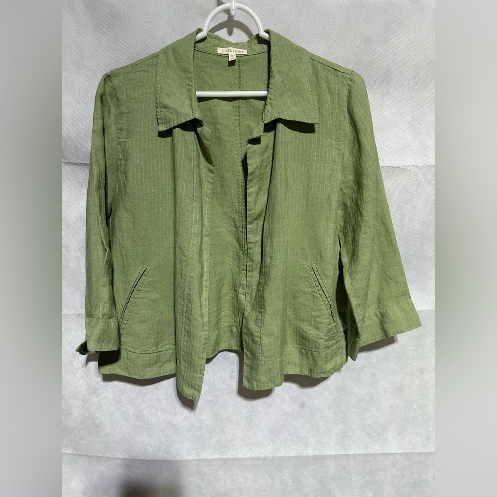 Eileen Fisher Women’s XS 100% Linen Green Open Front Jacket Blazer Pockets